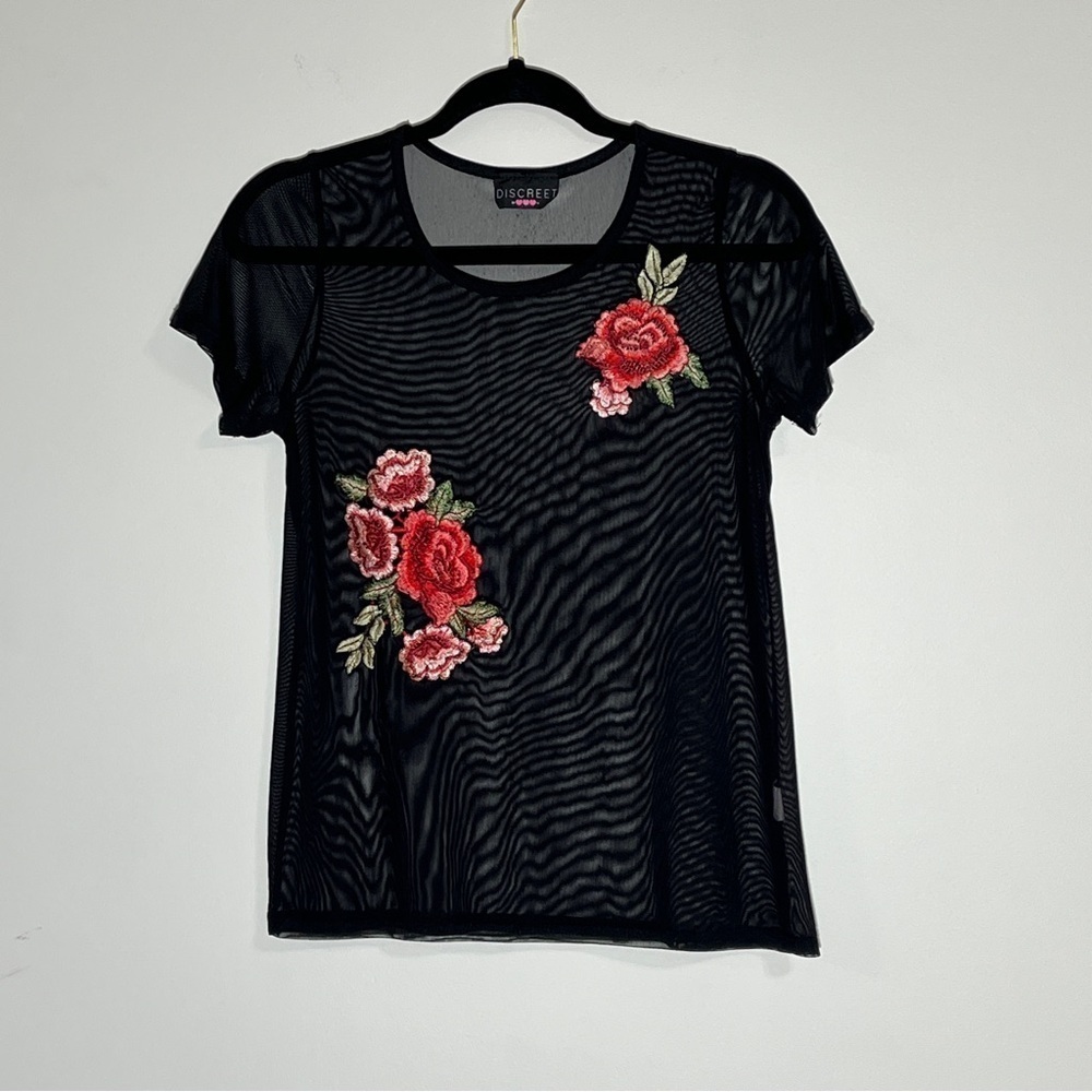 DISCREET Whimsigoth Black Sheer Mesh Top Floral Rose Embroidery Y2K Aesthetic L